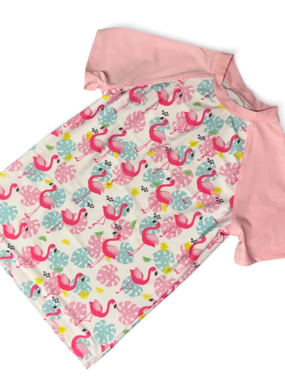 Girls Flamingo Rash Guard Swim Top Pink Tropical Short Sleeve US 12
